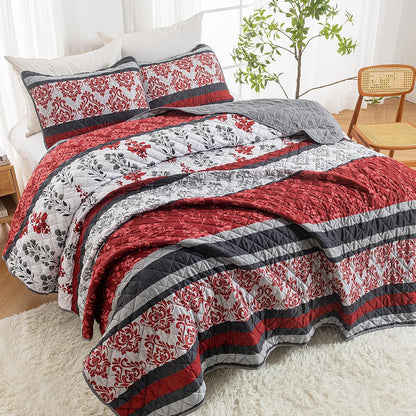 HollyHOME 3 Pieces Full/Queen Size Quilt Sets, Splicing Red Flowers Design Bedspread Bed Cover for All Season, Includes 1 Quilt, 2 Pillow Shams (Full/Queen, 86"x96")