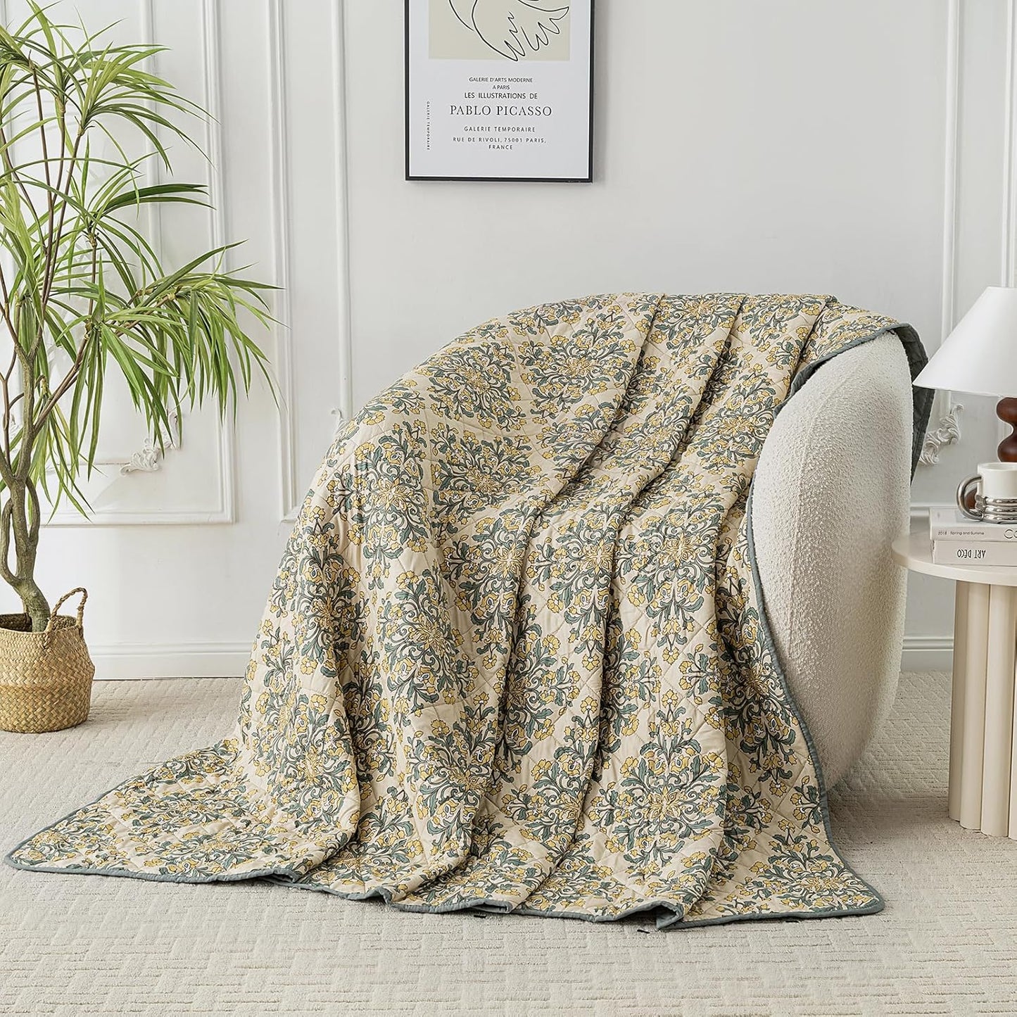 HollyHOME 3 Pieces King Size Quilt Sets with Teal and Gray Leaves Design Bedspread Bed Cover, Includes 1 Quilt, 2 Pillow Shams (King, 102"x96")